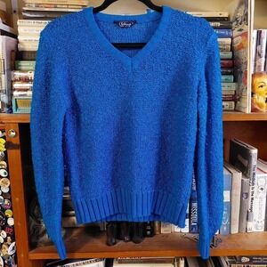 Vintage 70s Eileen Blue Chunky Knit V-Neck Sweater Small Popcorn Boucle Pullover